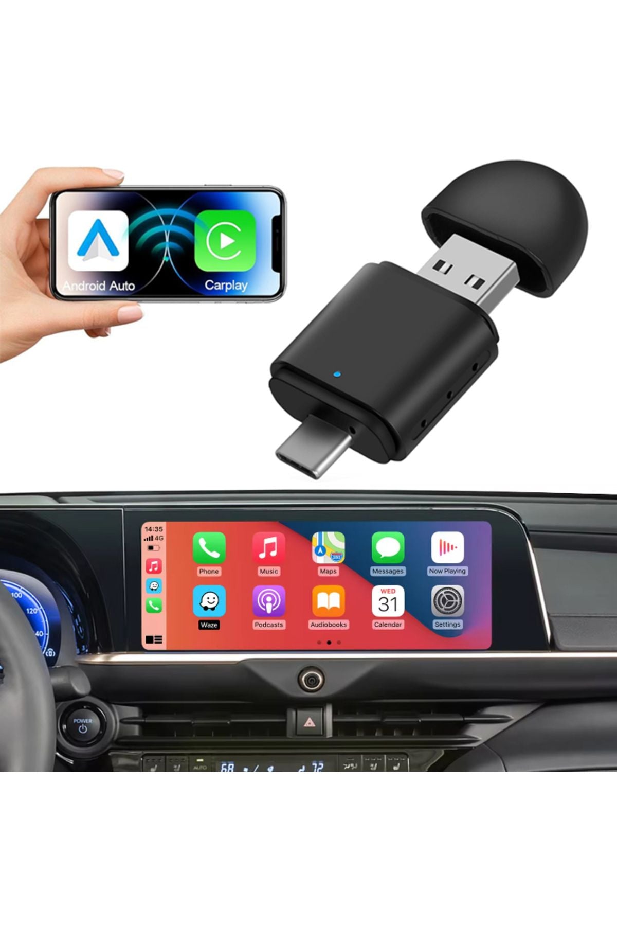 Mini 2-in-1 Kablosuz CarPlay & Android Auto Dönüştürücü Adaptör (USB & Type-C Uyumlu)