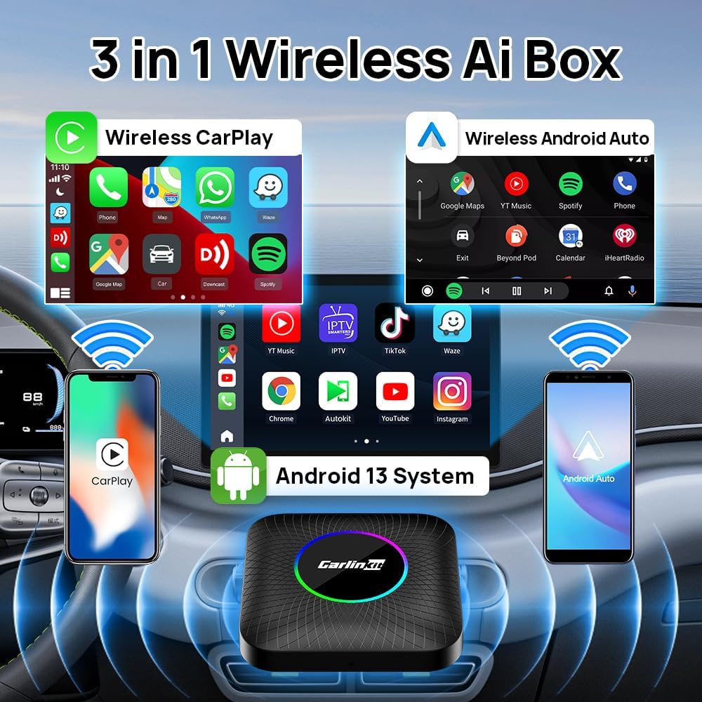 Carlinkit Ai Box Ambient 8GB/128GB – Android 13 Akıllı Araç Kutusu | Kablosuz CarPlay & Android Auto, YouTube • Netflix • TikTok • Google Play Destekli, 4G + Wi-Fi, 8 Çekirdek, 8 GB RAM + 128 GB ROM