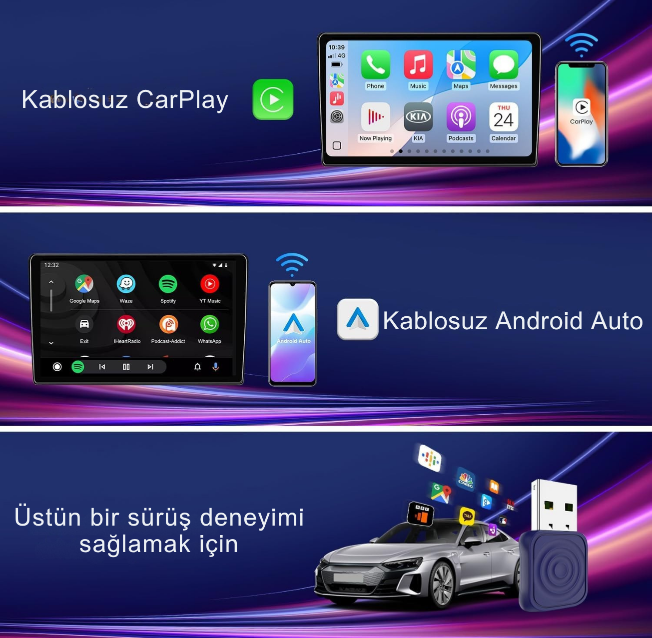 CarlinKit Ultra Mini – Kablosuz CarPlay & Android Auto Adaptörü | Tak-Çalıştır, Bluetooth & Wi-Fi Destekli, Araç Ekranında Spotify, Haritalar ve Çağrı Kontrolü