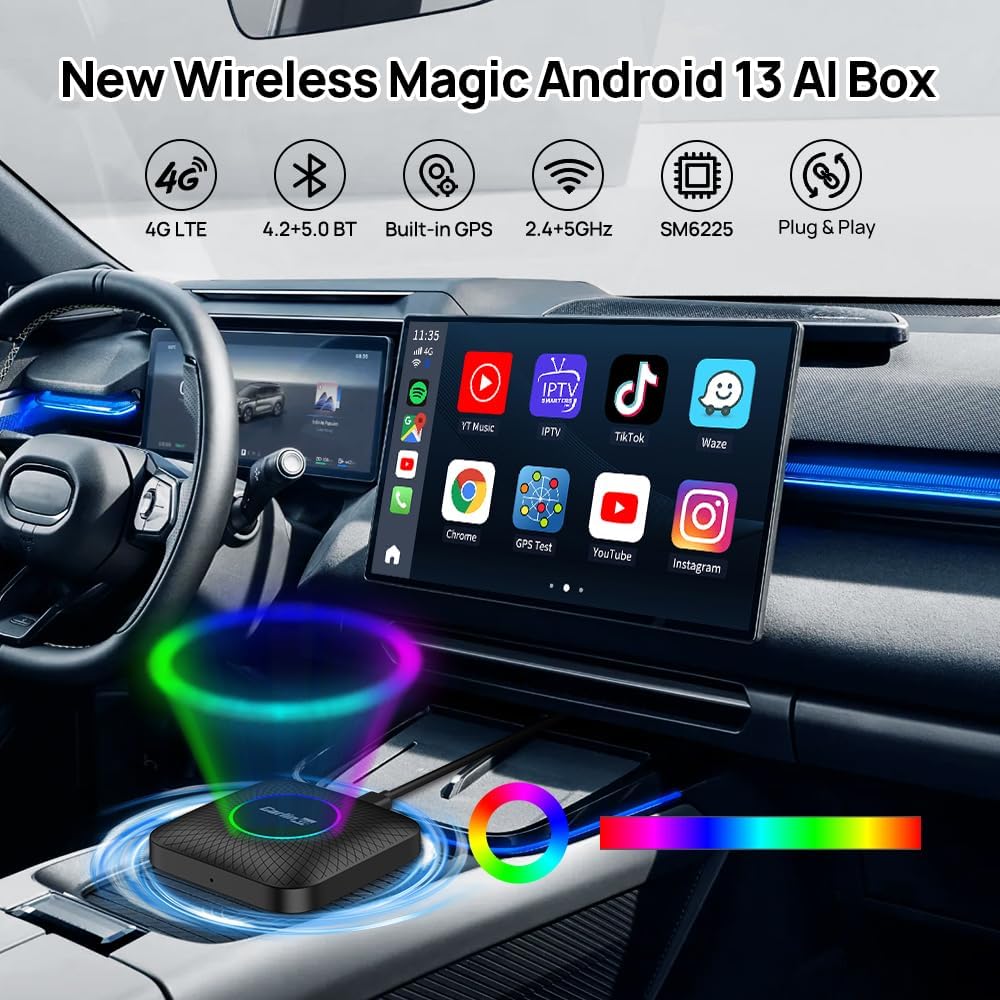 Carlinkit Ai Box Ambient 8GB/128GB – Android 13 Akıllı Araç Kutusu | Kablosuz CarPlay & Android Auto, YouTube • Netflix • TikTok • Google Play Destekli, 4G + Wi-Fi, 8 Çekirdek, 8 GB RAM + 128 GB ROM