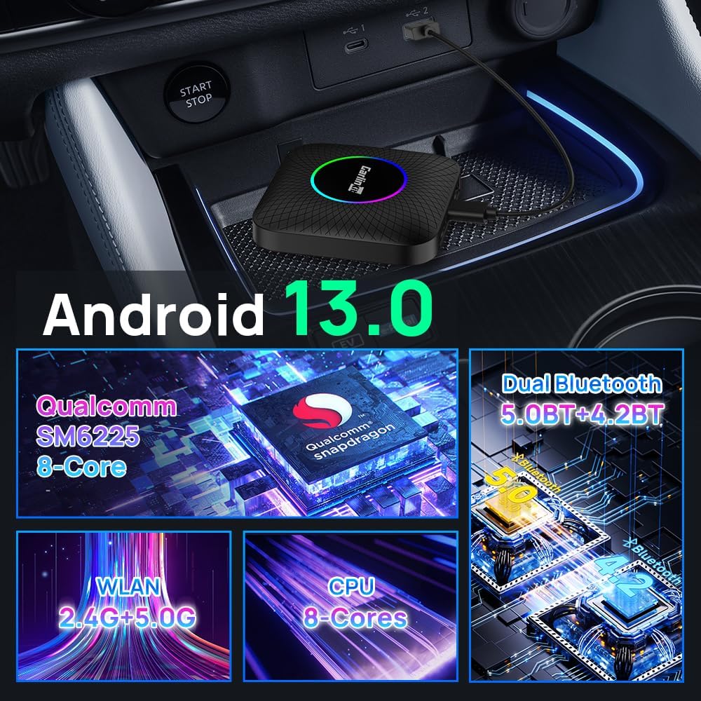 Carlinkit Ai Box Ambient 8GB/128GB – Android 13 Akıllı Araç Kutusu | Kablosuz CarPlay & Android Auto, YouTube • Netflix • TikTok • Google Play Destekli, 4G + Wi-Fi, 8 Çekirdek, 8 GB RAM + 128 GB ROM