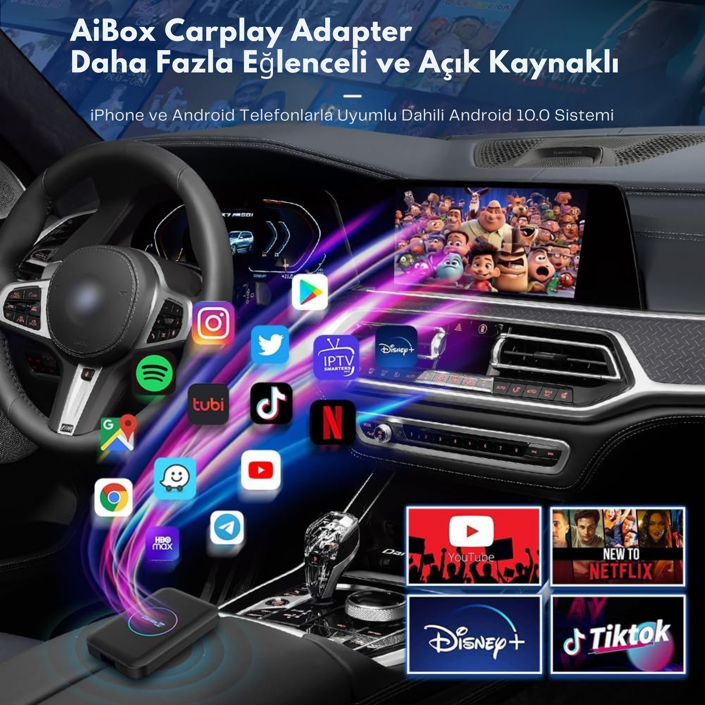 3-in-1 Video Destekli Kablosuz CarPlay & Android Auto Smart AI Box Netflix&Youtube Destekli