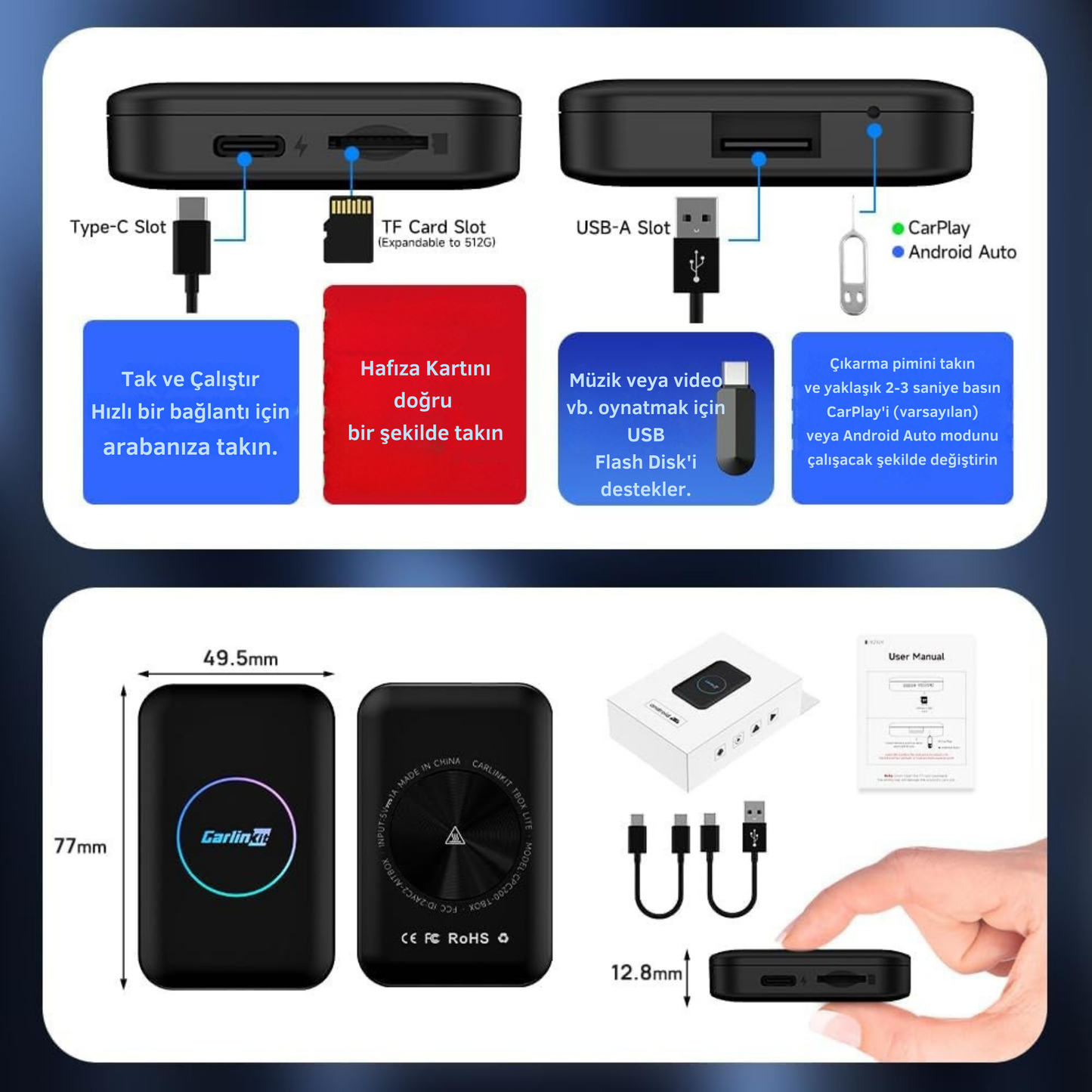 3-in-1 Video Destekli Kablosuz CarPlay & Android Auto Smart AI Box Netflix&Youtube Destekli