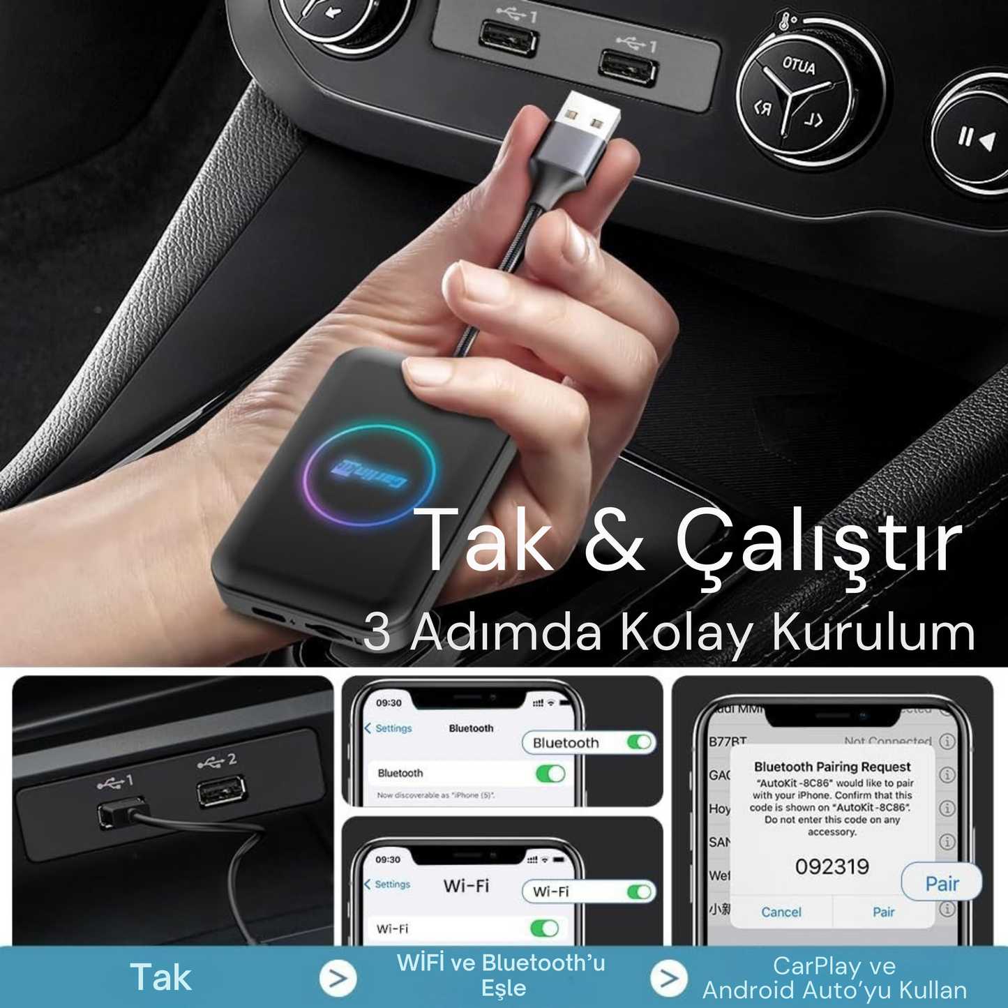 3-in-1 Video Destekli Kablosuz CarPlay & Android Auto Smart AI Box Netflix&Youtube Destekli
