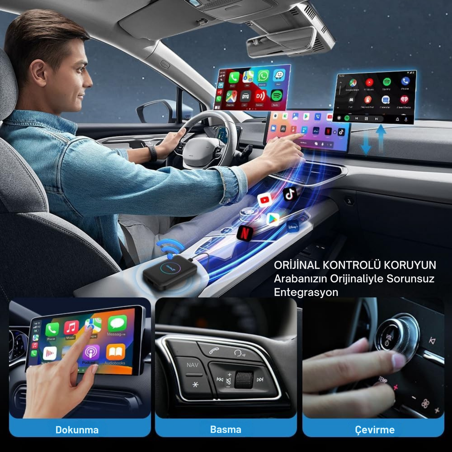 3-in-1 Video Destekli Kablosuz CarPlay & Android Auto Smart AI Box Netflix&Youtube Destekli