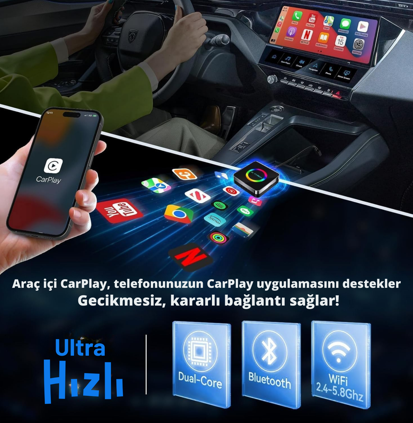 AI Box Wireless CarPlay Video Adaptörü – Android 12 Sistem, Netflix & YouTube, Kablosuz CarPlay Dönüştürücü
