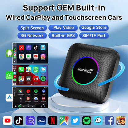 Carlinkit Ai Box Ambient 8GB/128GB – Android 13 Akıllı Araç Kutusu | Kablosuz CarPlay & Android Auto, YouTube • Netflix • TikTok • Google Play Destekli, 4G + Wi-Fi, 8 Çekirdek, 8 GB RAM + 128 GB ROM