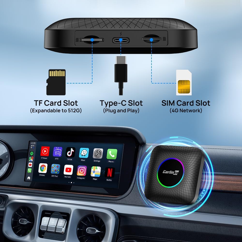 Carlinkit Ai Box Ambient 8GB/128GB – Android 13 Akıllı Araç Kutusu | Kablosuz CarPlay & Android Auto, YouTube • Netflix • TikTok • Google Play Destekli, 4G + Wi-Fi, 8 Çekirdek, 8 GB RAM + 128 GB ROM