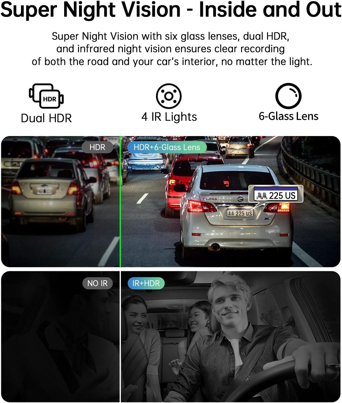 Araç İçi Kamera – Çift Kameralı Dashcam, 360° Döner İç Kamera, IR Gece Görüşü, Park Modu, HDR, G-Sensor, Mobil Uygulama Destekli Araç Kamerası