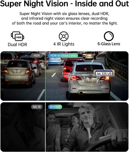 Araç İçi Kamera – Çift Kameralı Dashcam, 360° Döner İç Kamera, IR Gece Görüşü, Park Modu, HDR, G-Sensor, Mobil Uygulama Destekli Araç Kamerası