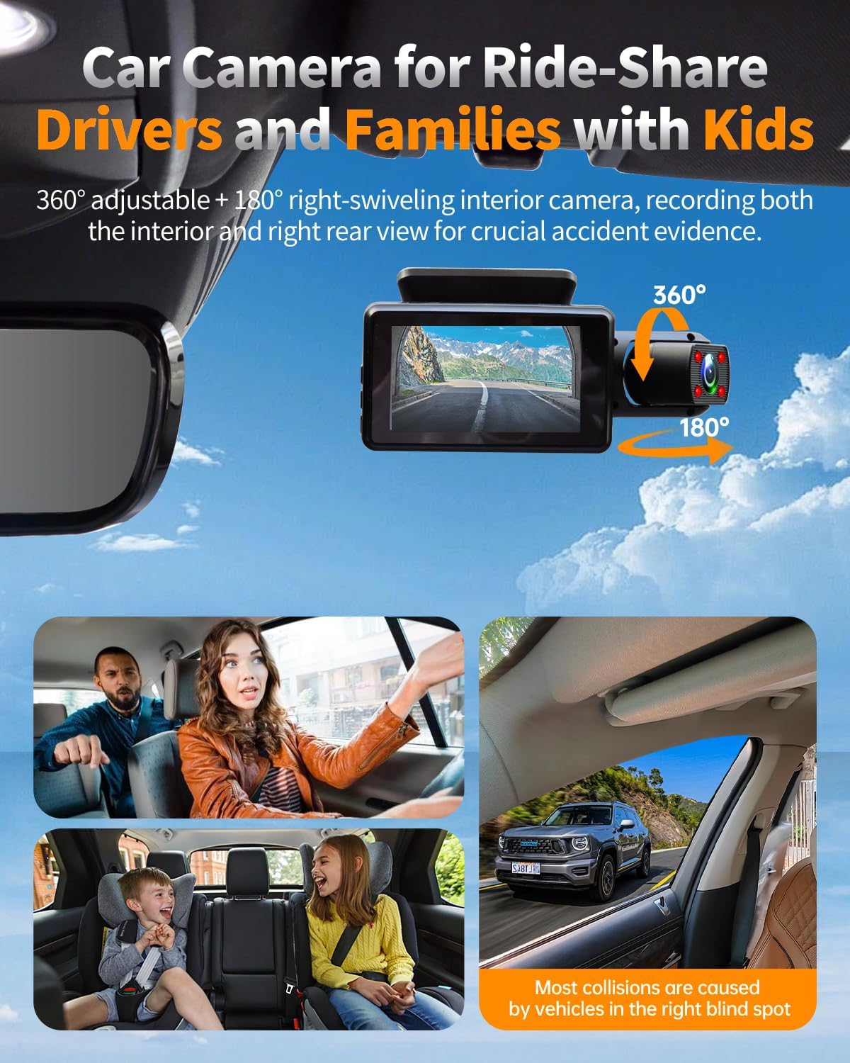 Araç İçi Kamera – Çift Kameralı Dashcam, 360° Döner İç Kamera, IR Gece Görüşü, Park Modu, HDR, G-Sensor, Mobil Uygulama Destekli Araç Kamerası