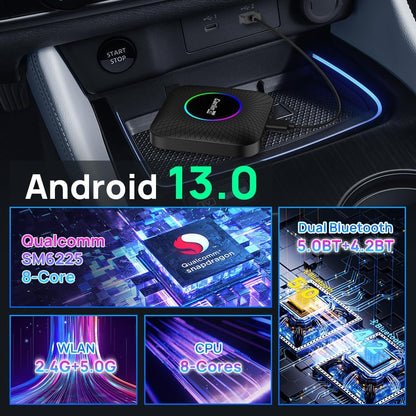 Carlinkit Ai Box Ambient 8GB/128GB – Android 13 Akıllı Araç Kutusu | Kablosuz CarPlay & Android Auto, YouTube • Netflix • TikTok • Google Play Destekli, 4G + Wi-Fi, 8 Çekirdek, 8 GB RAM + 128 GB ROM