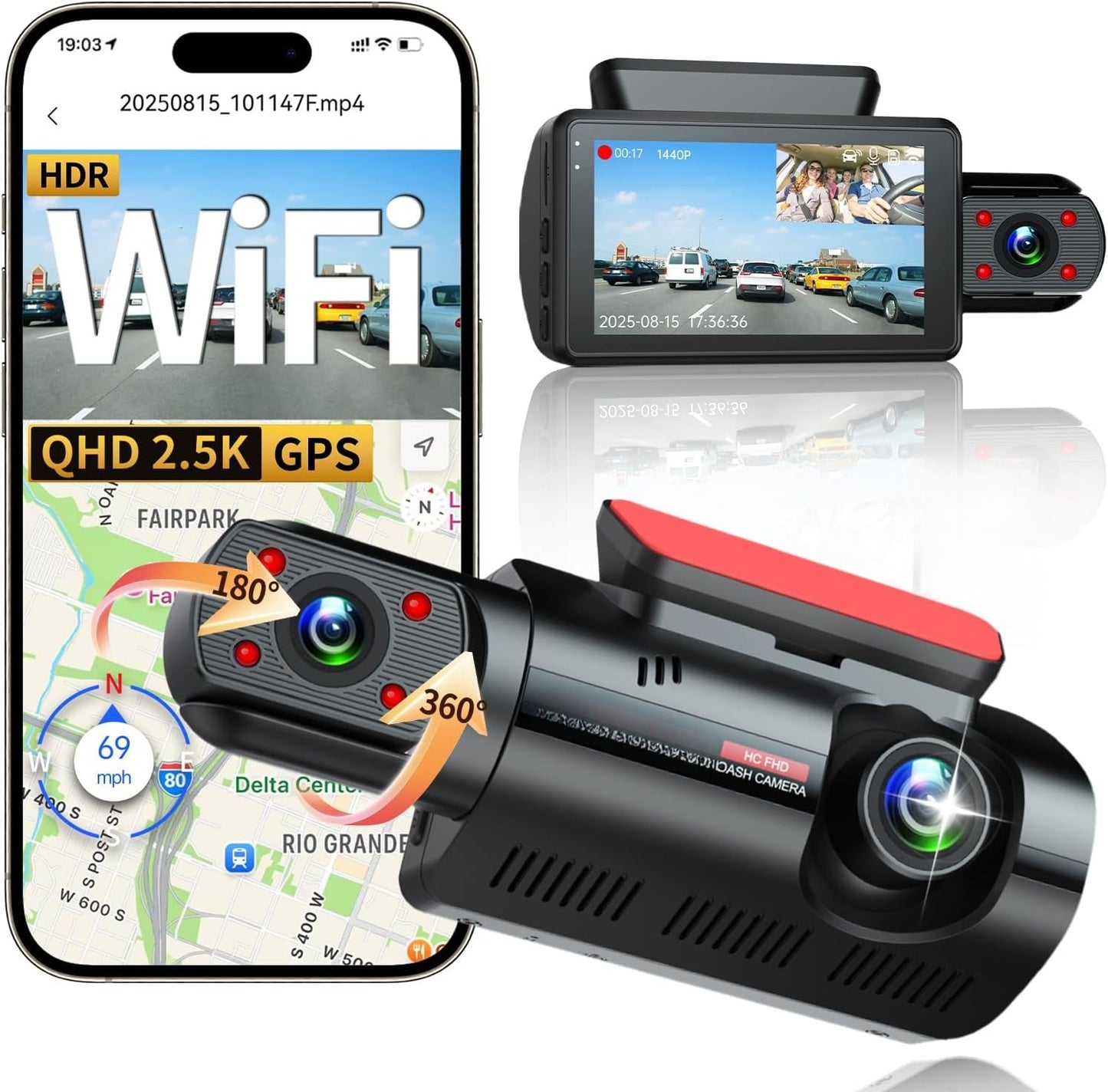 Araç İçi Kamera – Çift Kameralı Dashcam, 360° Döner İç Kamera, IR Gece Görüşü, Park Modu, HDR, G-Sensor, Mobil Uygulama Destekli Araç Kamerası