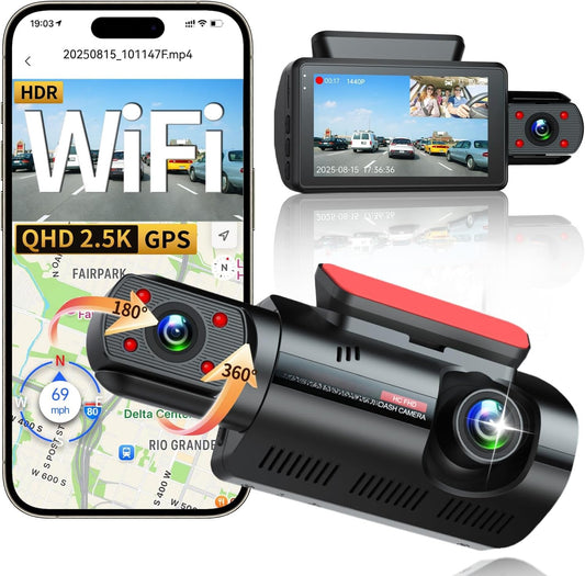 Araç İçi Kamera – Çift Kameralı Dashcam, 360° Döner İç Kamera, IR Gece Görüşü, Park Modu, HDR, G-Sensor, Mobil Uygulama Destekli Araç Kamerası
