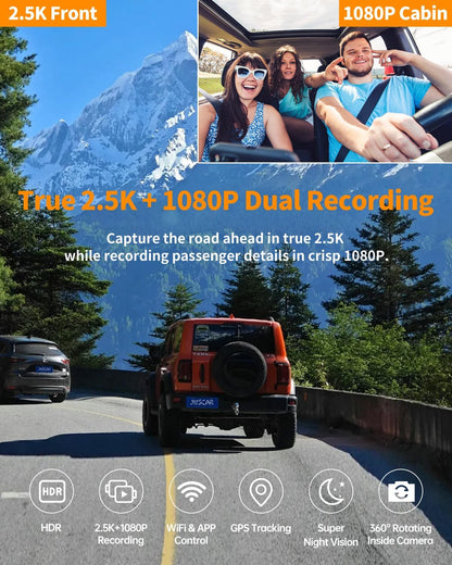 Araç İçi Kamera – Çift Kameralı Dashcam, 360° Döner İç Kamera, IR Gece Görüşü, Park Modu, HDR, G-Sensor, Mobil Uygulama Destekli Araç Kamerası