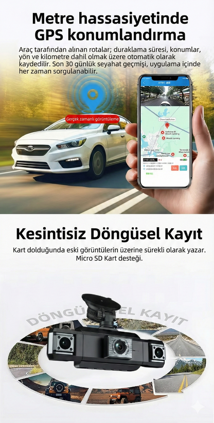 4 Kameralı 4K Akıllı Araç Kamerası – Ön + İç + Arka Kayıt | GPS, WiFi, Gece Görüş, Park Modu, G-Sensör Dashcam