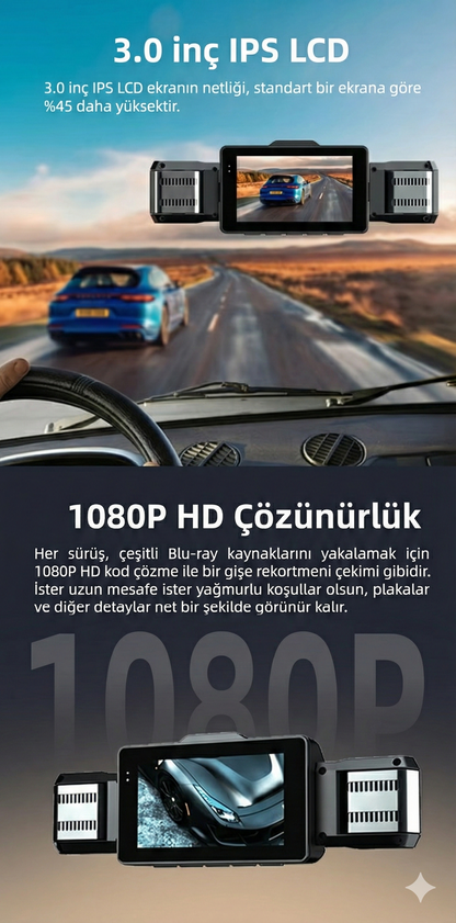 4 Kameralı 4K Akıllı Araç Kamerası – Ön + İç + Arka Kayıt | GPS, WiFi, Gece Görüş, Park Modu, G-Sensör Dashcam