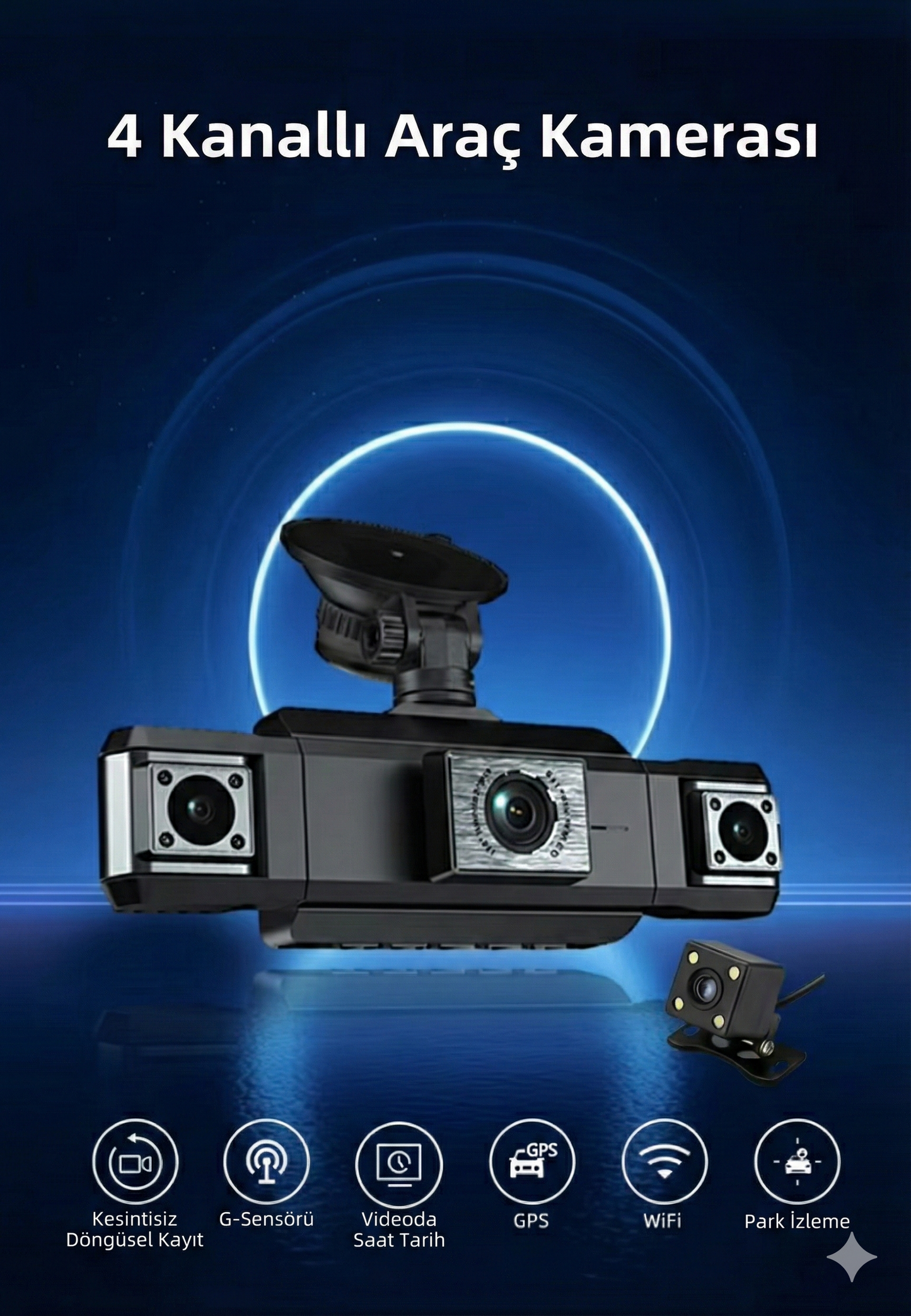 4 Kameralı 4K Akıllı Araç Kamerası – Ön + İç + Arka Kayıt | GPS, WiFi, Gece Görüş, Park Modu, G-Sensör Dashcam