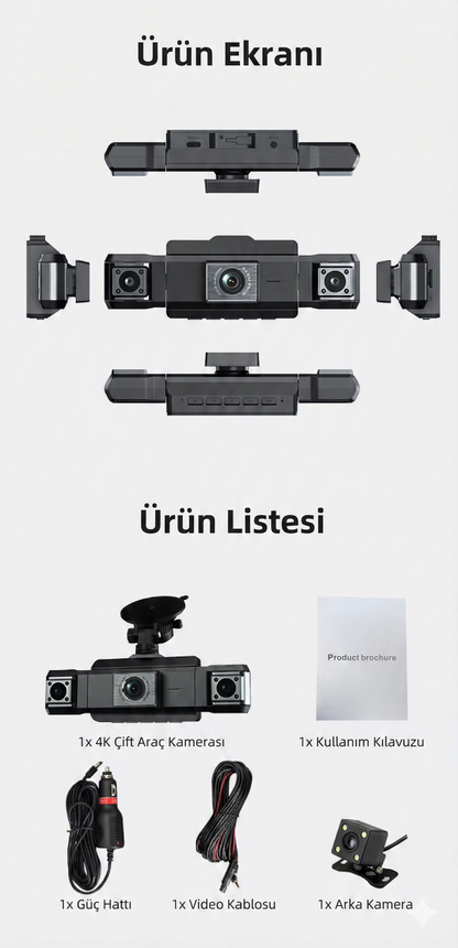 4 Kameralı 4K Akıllı Araç Kamerası – Ön + İç + Arka Kayıt | GPS, WiFi, Gece Görüş, Park Modu, G-Sensör Dashcam