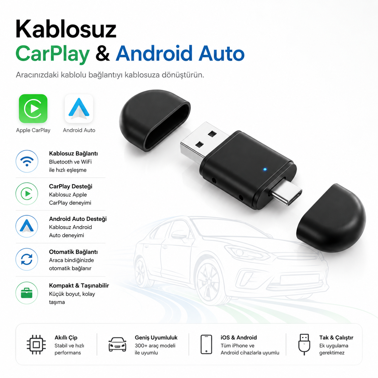 Mini 2'in1 Kablosuz CarPlay & Android Auto Adaptör