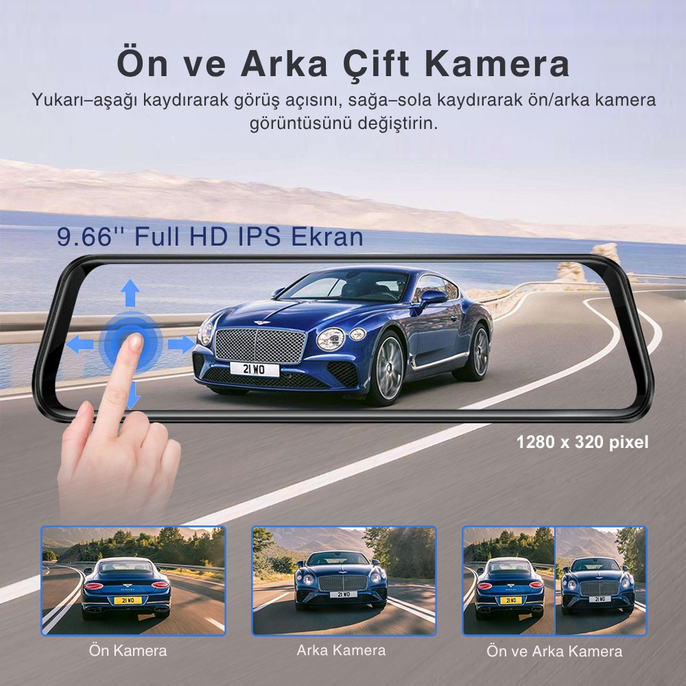 9.66" Kablosuz Apple CarPlay & Android Auto Dikiz Aynası Kamera – Çift Kamera, 2K+1080P Kayıt, G-Sensör, Gece Görüşü, Park Modu, Dokunmatik IPS Ekran