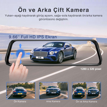 9.66" Kablosuz Apple CarPlay & Android Auto Dikiz Aynası Kamera – Çift Kamera, 2K+1080P Kayıt, G-Sensör, Gece Görüşü, Park Modu, Dokunmatik IPS Ekran