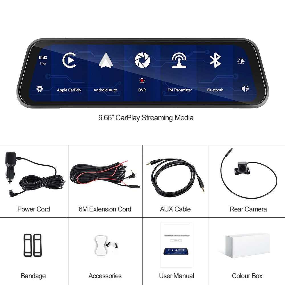 9.66" Kablosuz Apple CarPlay & Android Auto Dikiz Aynası Kamera – Çift Kamera, 2K+1080P Kayıt, G-Sensör, Gece Görüşü, Park Modu, Dokunmatik IPS Ekran