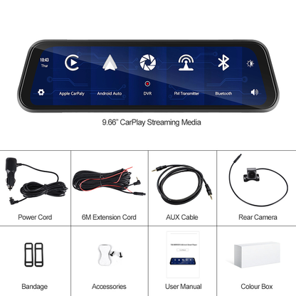 9.66" Kablosuz Apple CarPlay & Android Auto Dikiz Aynası Kamera – Çift Kamera, 2K+1080P Kayıt, G-Sensör, Gece Görüşü, Park Modu, Dokunmatik IPS Ekran