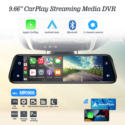 9.66" Kablosuz Apple CarPlay & Android Auto Dikiz Aynası Kamera – Çift Kamera, 2K+1080P Kayıt, G-Sensör, Gece Görüşü, Park Modu, Dokunmatik IPS Ekran
