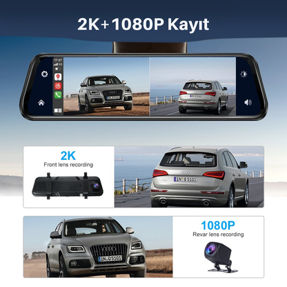 9.66" Kablosuz Apple CarPlay & Android Auto Dikiz Aynası Kamera – Çift Kamera, 2K+1080P Kayıt, G-Sensör, Gece Görüşü, Park Modu, Dokunmatik IPS Ekran