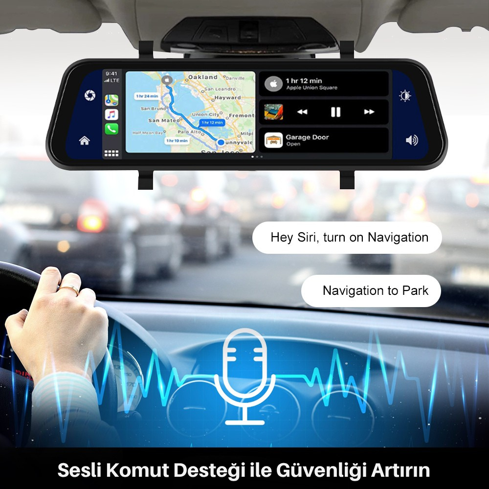 9.66" Kablosuz Apple CarPlay & Android Auto Dikiz Aynası Kamera – Çift Kamera, 2K+1080P Kayıt, G-Sensör, Gece Görüşü, Park Modu, Dokunmatik IPS Ekran