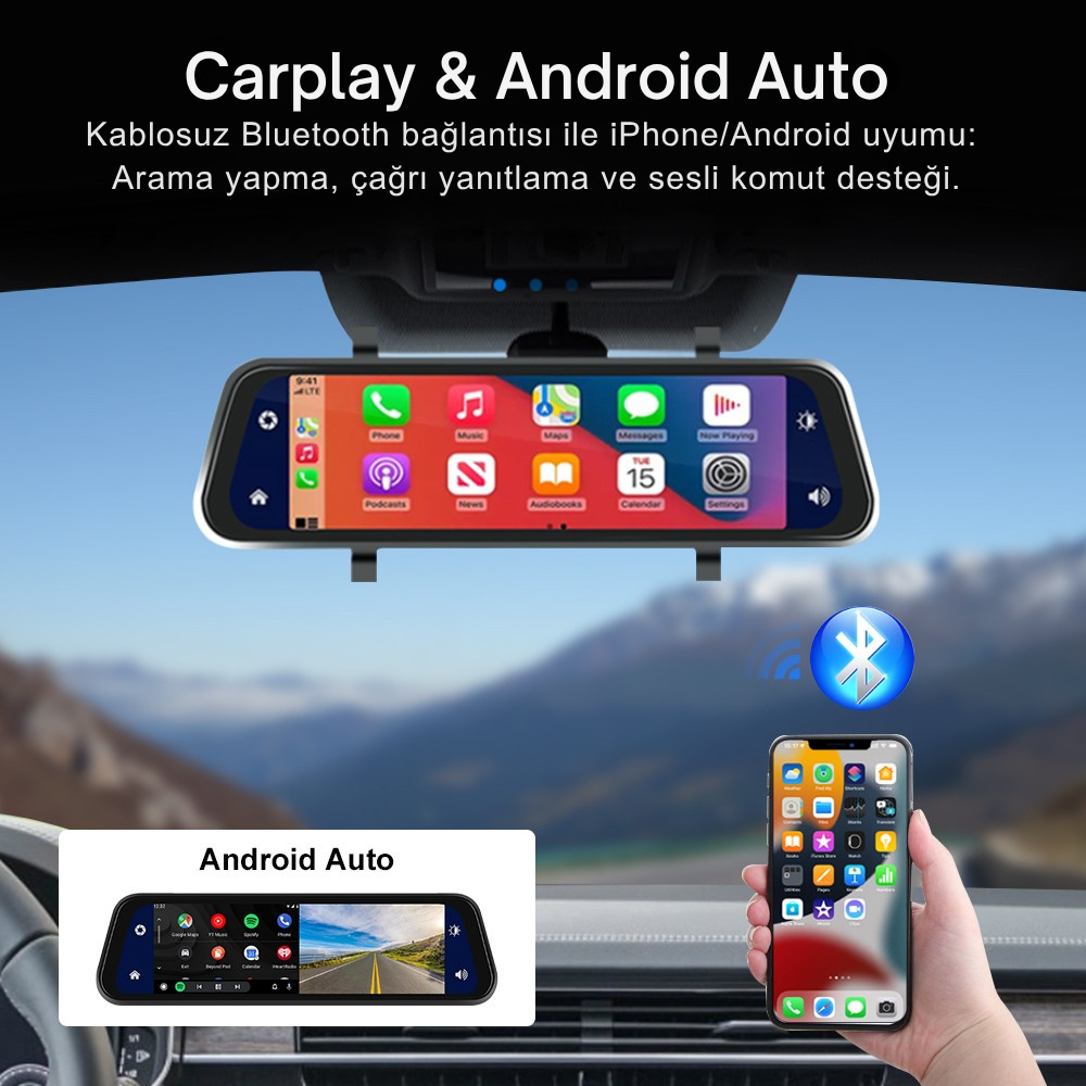 9.66" Kablosuz Apple CarPlay & Android Auto Dikiz Aynası Kamera – Çift Kamera, 2K+1080P Kayıt, G-Sensör, Gece Görüşü, Park Modu, Dokunmatik IPS Ekran