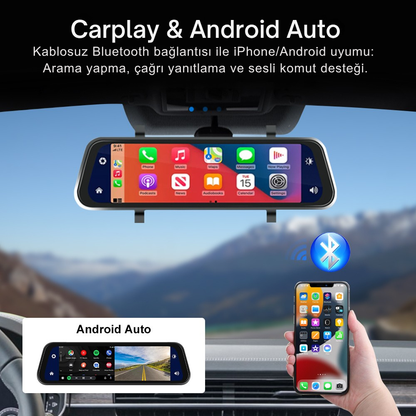 9.66" Kablosuz Apple CarPlay & Android Auto Dikiz Aynası Kamera – Çift Kamera, 2K+1080P Kayıt, G-Sensör, Gece Görüşü, Park Modu, Dokunmatik IPS Ekran