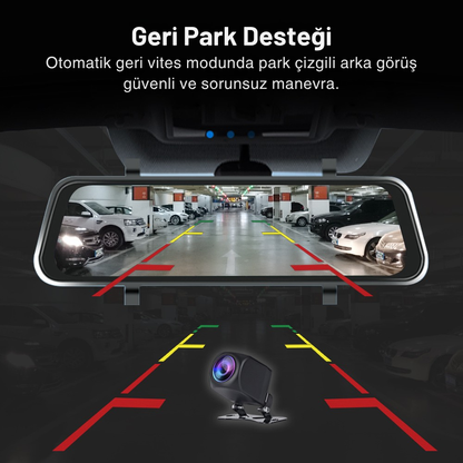 9.66" Kablosuz Apple CarPlay & Android Auto Dikiz Aynası Kamera – Çift Kamera, 2K+1080P Kayıt, G-Sensör, Gece Görüşü, Park Modu, Dokunmatik IPS Ekran