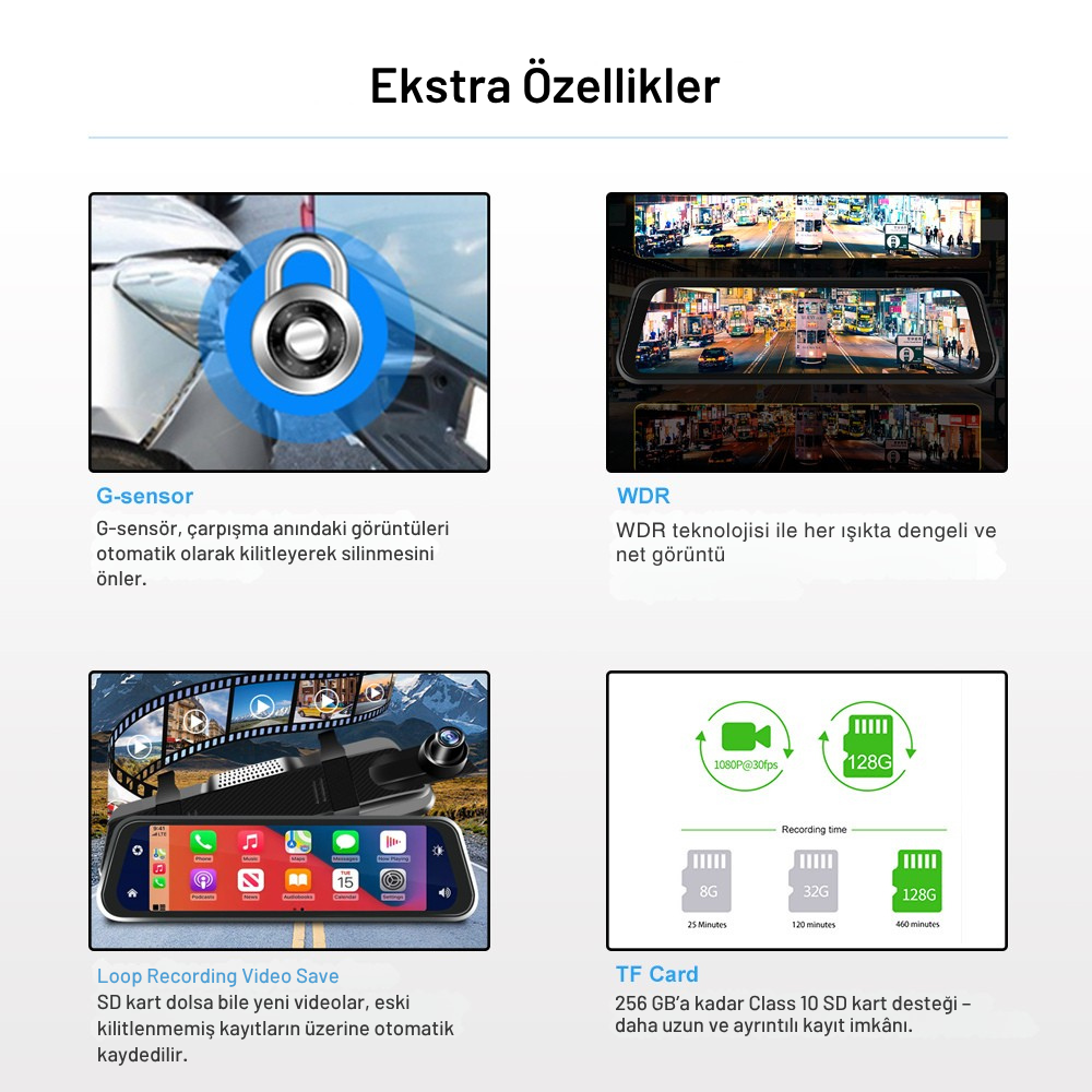 9.66" Kablosuz Apple CarPlay & Android Auto Dikiz Aynası Kamera – Çift Kamera, 2K+1080P Kayıt, G-Sensör, Gece Görüşü, Park Modu, Dokunmatik IPS Ekran