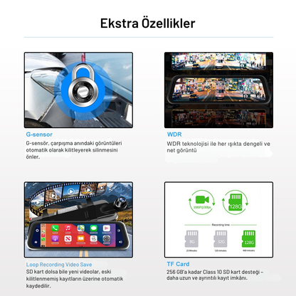 9.66" Kablosuz Apple CarPlay & Android Auto Dikiz Aynası Kamera – Çift Kamera, 2K+1080P Kayıt, G-Sensör, Gece Görüşü, Park Modu, Dokunmatik IPS Ekran