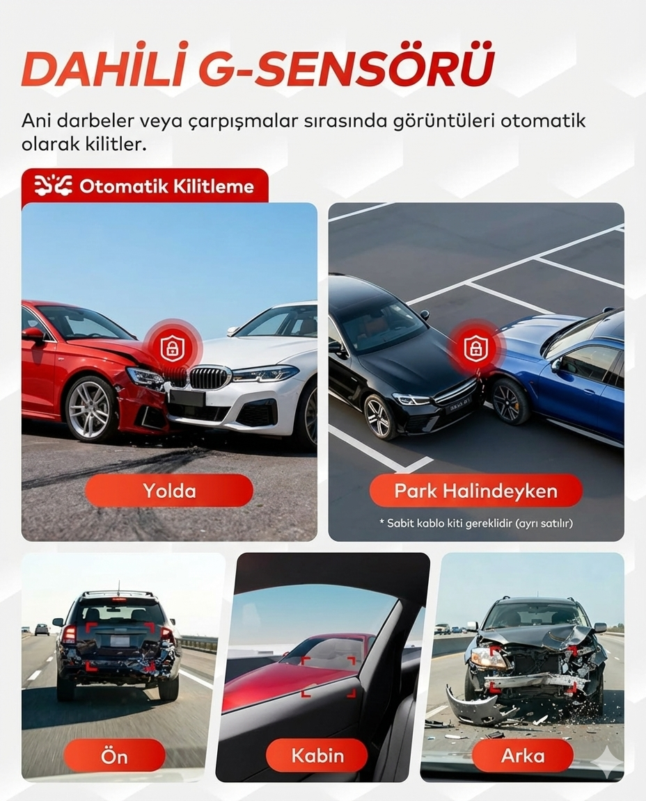 WiFi 6 GPS 3 Kameralı Araç Kamerası – 2.5K Ön + 1080P İç & Arka, 24 Saat Park Modu, IR Gece Görüşü, G-Sensör, 170° Geniş Açı Dashcam