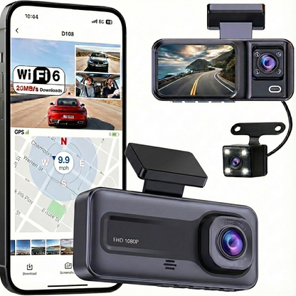 WiFi 6 GPS 3 Kameralı Araç Kamerası – 2.5K Ön + 1080P İç & Arka, 24 Saat Park Modu, IR Gece Görüşü, G-Sensör, 170° Geniş Açı Dashcam