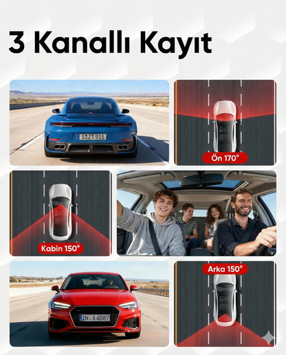 WiFi 6 GPS 3 Kameralı Araç Kamerası – 2.5K Ön + 1080P İç & Arka, 24 Saat Park Modu, IR Gece Görüşü, G-Sensör, 170° Geniş Açı Dashcam