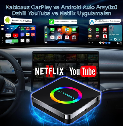 AI Box Wireless CarPlay Video Adaptörü – Android 12 Sistem, Netflix & YouTube, Kablosuz CarPlay Dönüştürücü