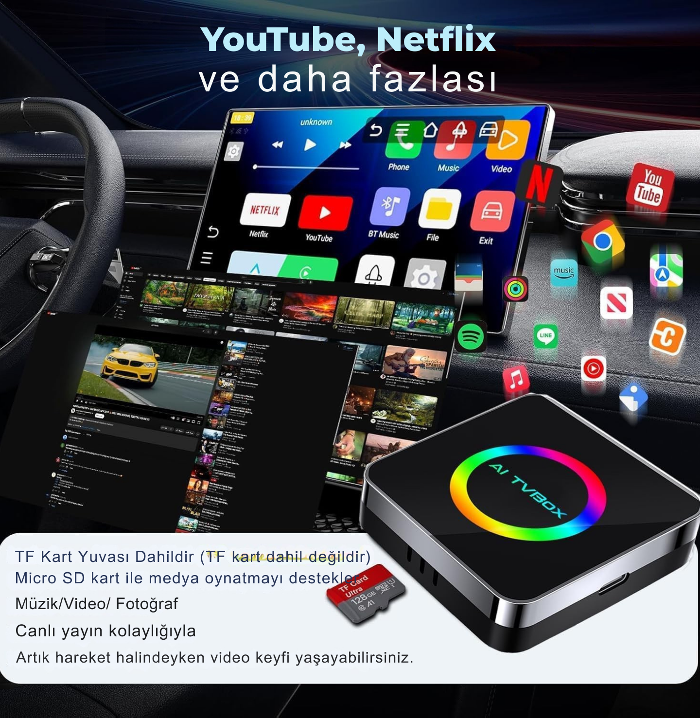 AI Box Wireless CarPlay Video Adaptörü – Android 12 Sistem, Netflix & YouTube, Kablosuz CarPlay Dönüştürücü