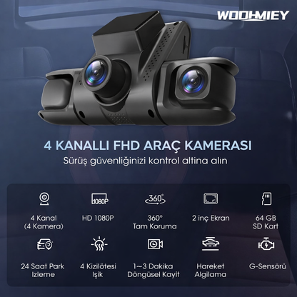 Teknomie 4 Kanallı Full HD Araç Kamerası - 360° Tam Koruma & Wi-Fi Uygulama Destekli